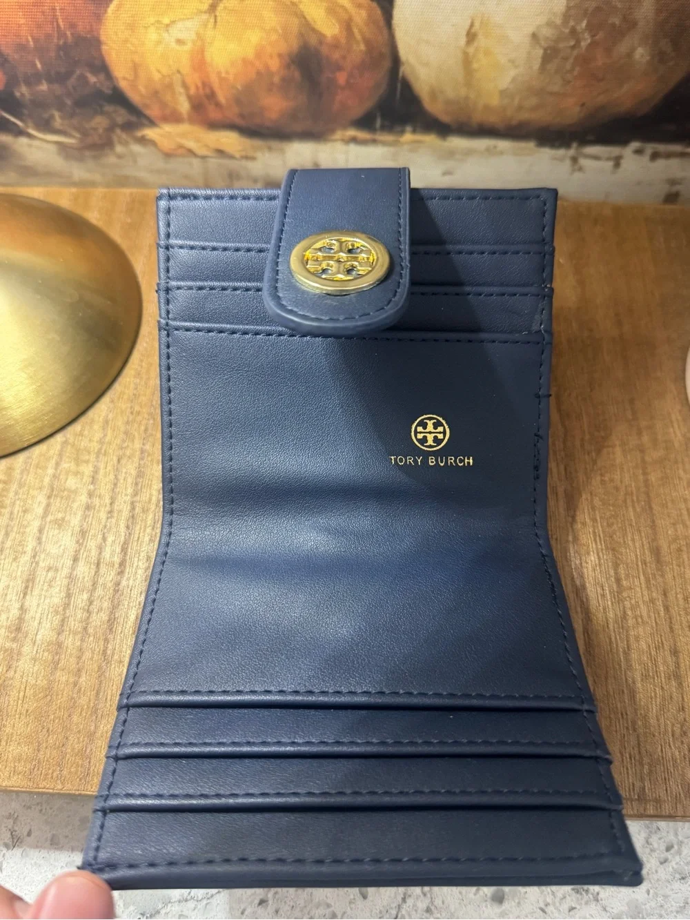 Tory Burch Navy and Beige Logo Jacquard Card Case with Gold Logo Snap